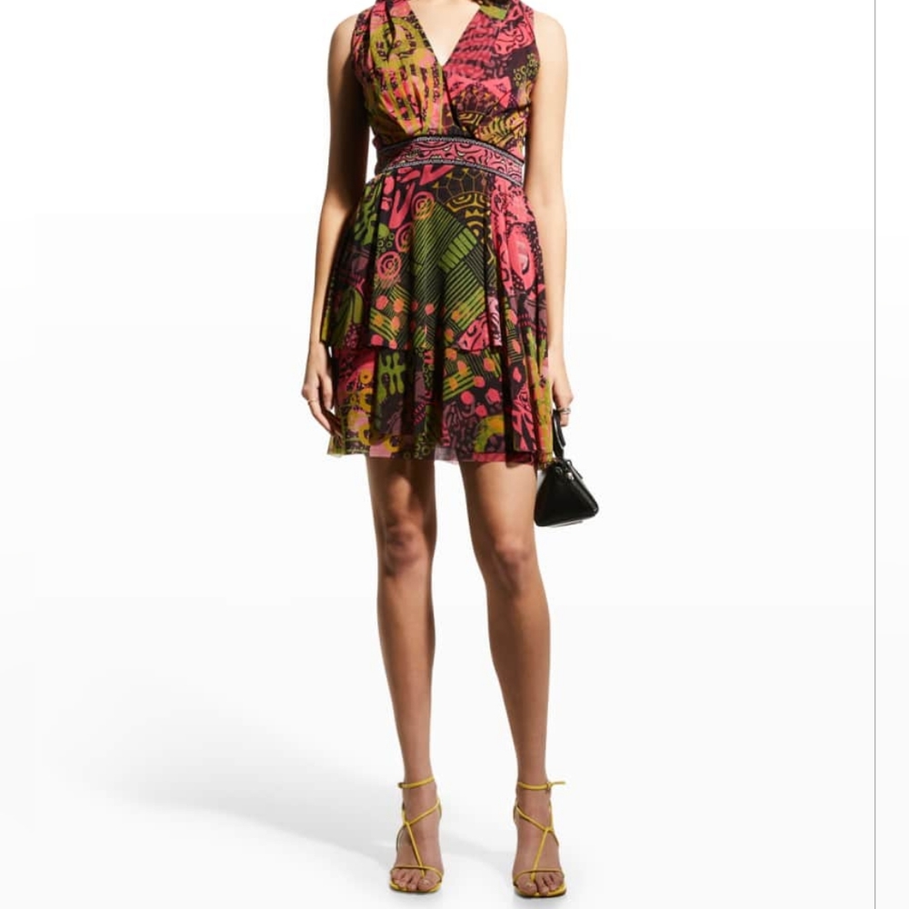 FUZZI V-Neck Mesh Tulle sleeveless Exotic Print Tiered Assym Minidress XXL